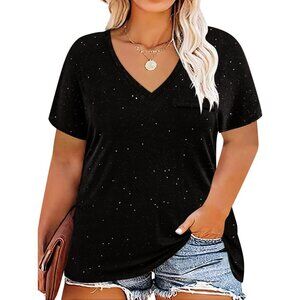 Plus Size Womens Summer V-Neck Tops Short Sleeve Glitter Casual T-Shirt